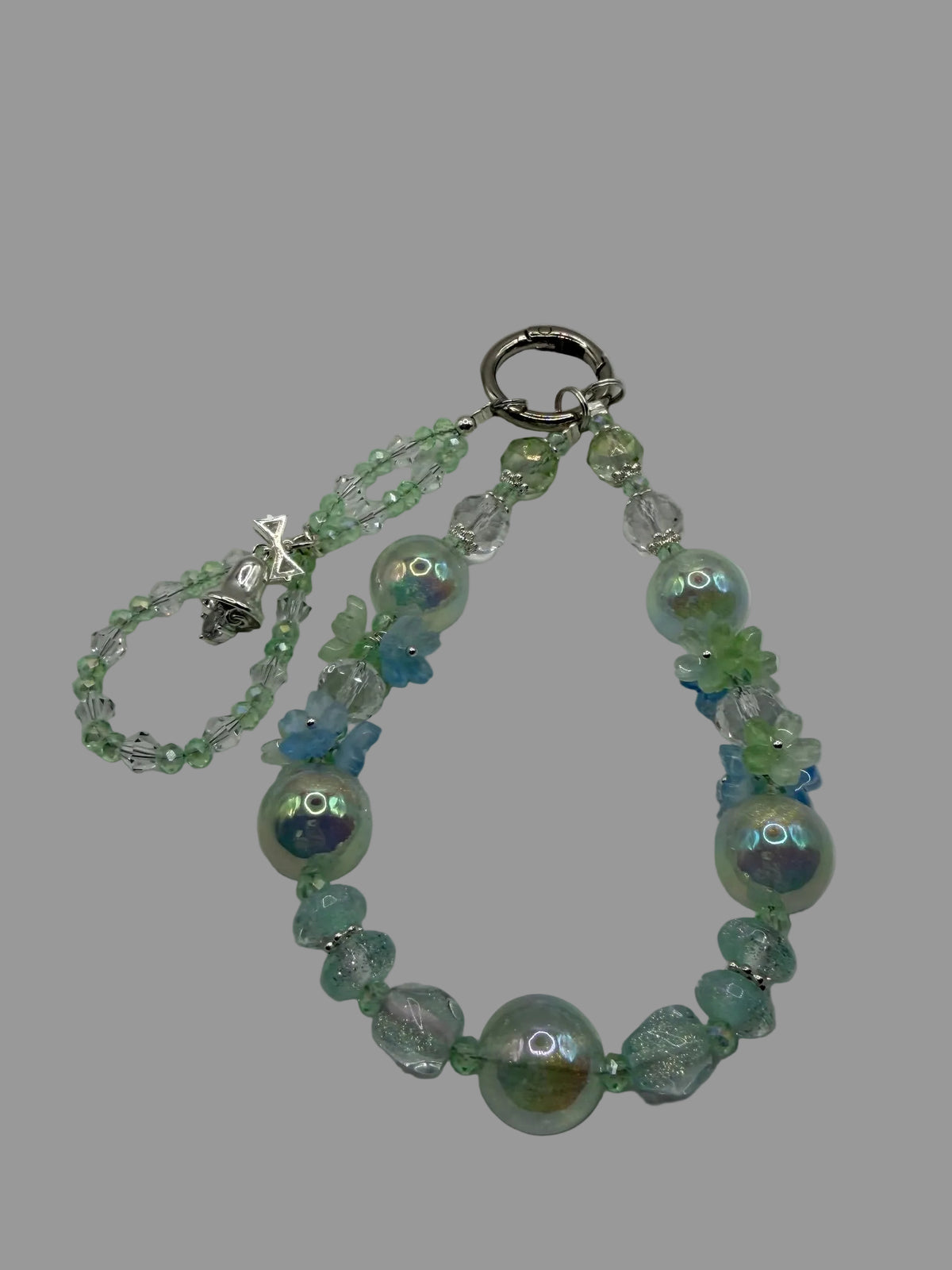 Mint Green Pearl & Crystal Phone Wristlet with Blue Flower Beads & Bow Charm