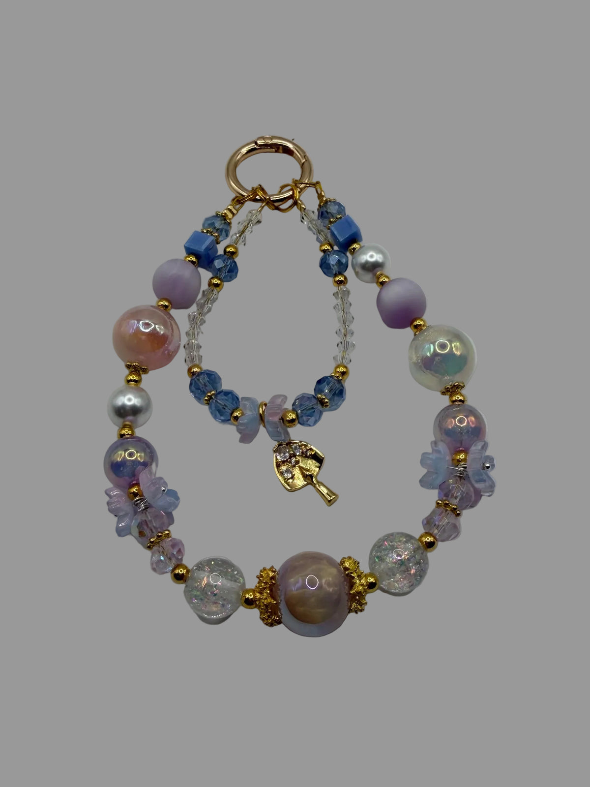 Blue Purple & Clear Double-Strand Phone Wristlet with Mushroom Charm