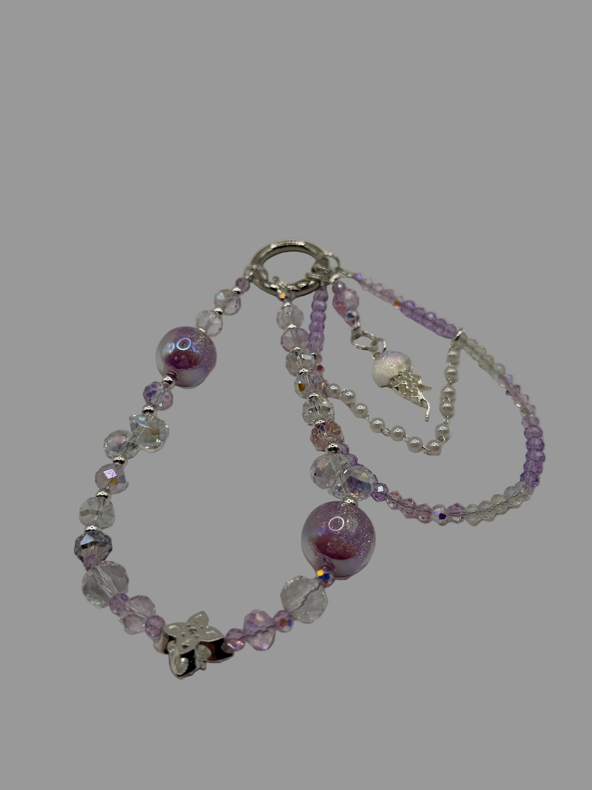 Purple Galaxy & Clear Crystal Multi-Strand Phone Wristlet with Jellyfish Charm