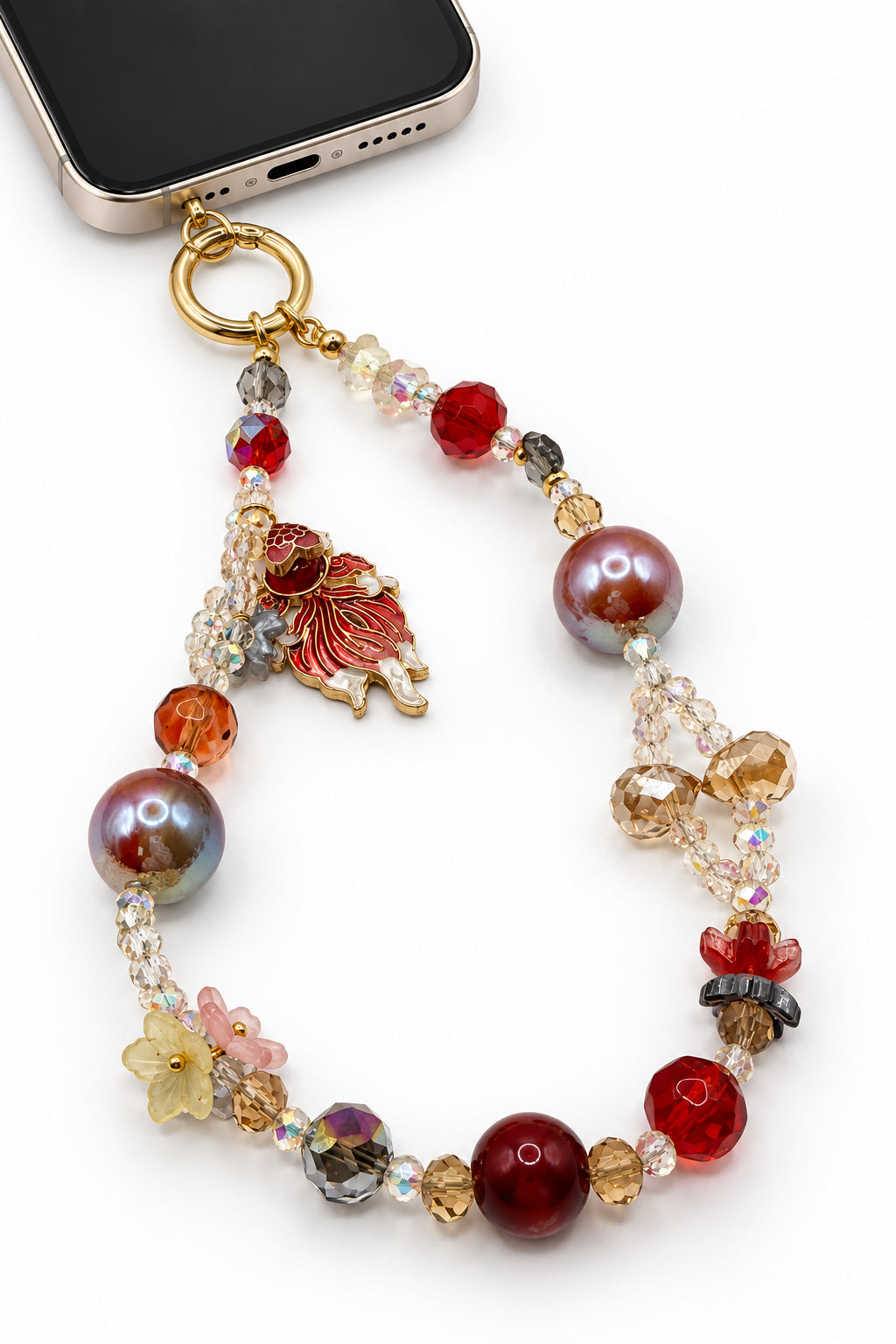 Red Carnelian & Mauve Pearl Phone Wristlet with Koi Fish Charm