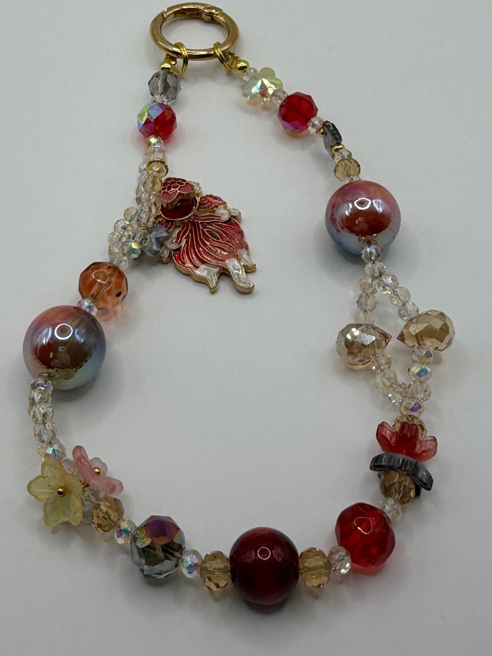 Red Carnelian & Mauve Pearl Phone Wristlet with Koi Fish Charm