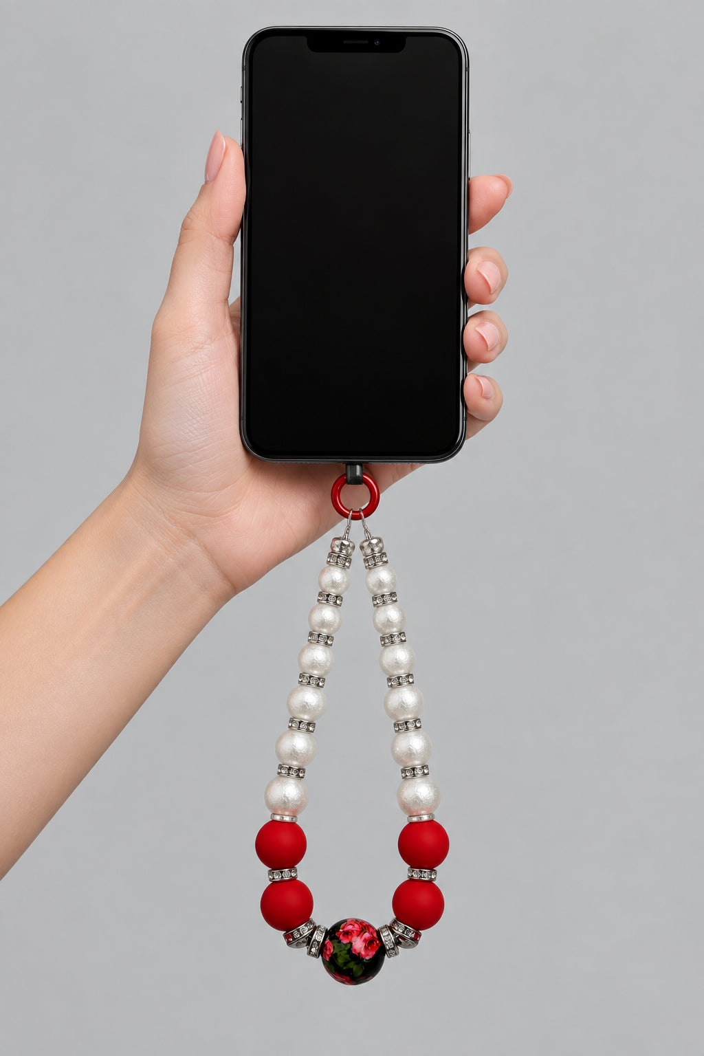 Red & White Pearl Phone Wristlet with Floral Focal Bead & Rhinestone Rondelles