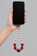 Red & White Pearl Phone Wristlet with Floral Focal Bead & Rhinestone Rondelles