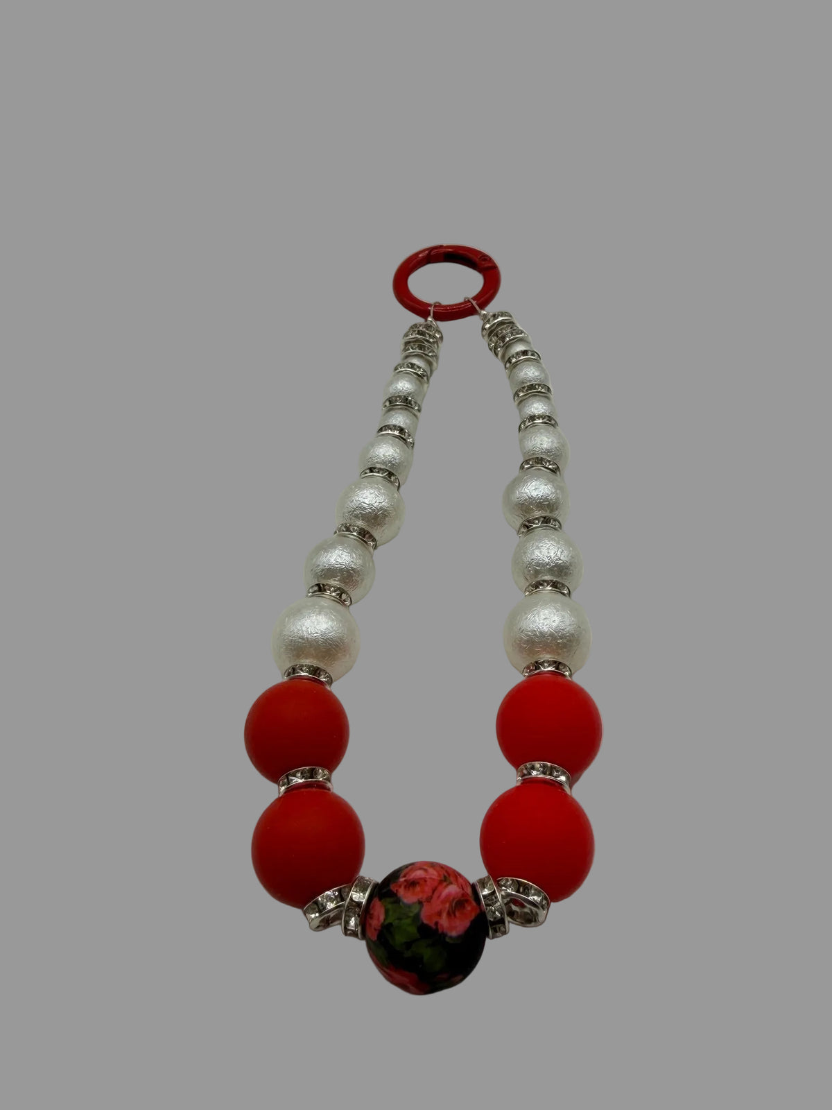 Red & White Pearl Phone Wristlet with Floral Focal Bead & Rhinestone Rondelles