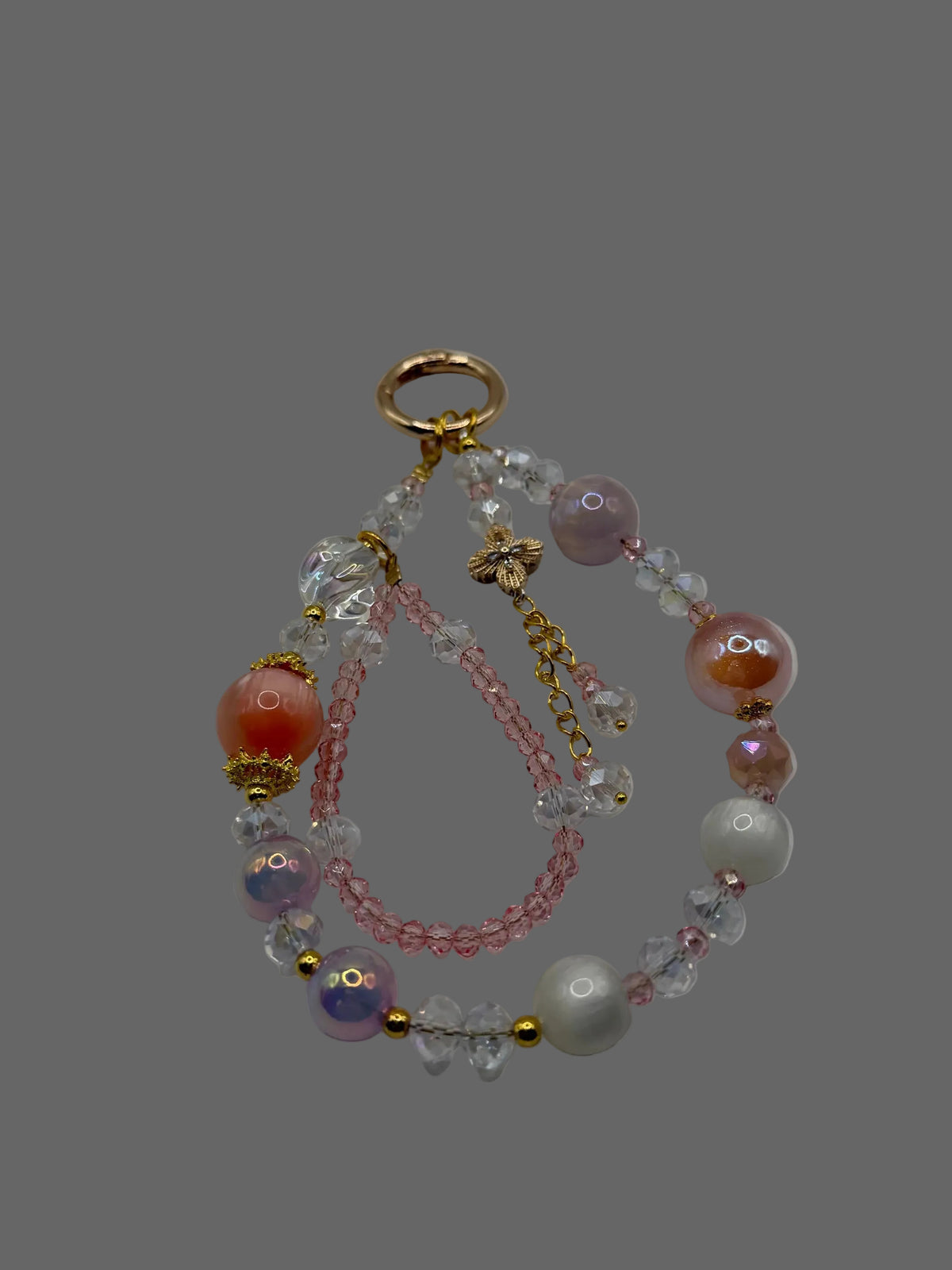 Layered Beaded Phone Wristlet with Peach Agate, Crystal & Dragonfly Charm