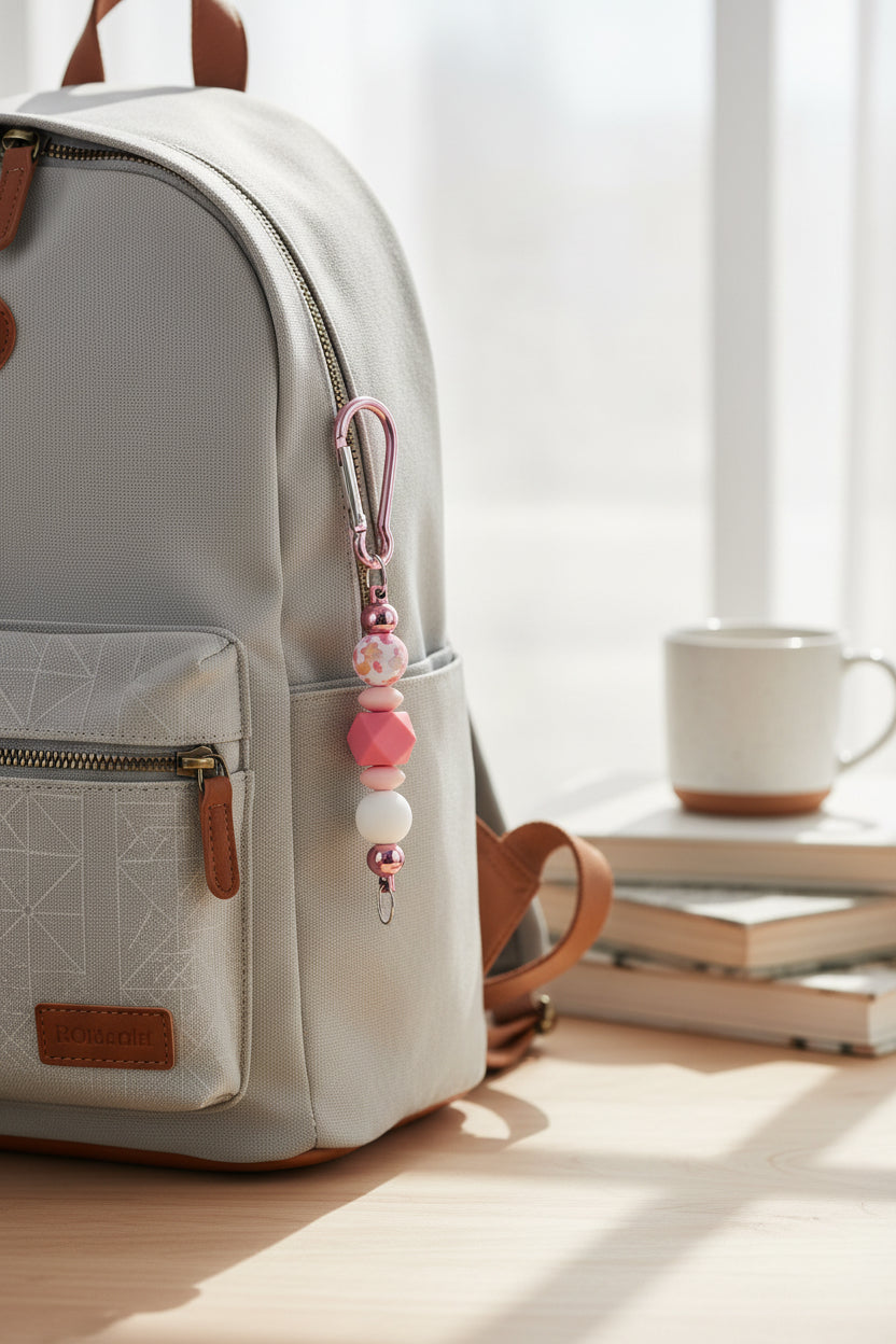 Pink floral beaded keychain with rose gold carabiner and white silicone bead