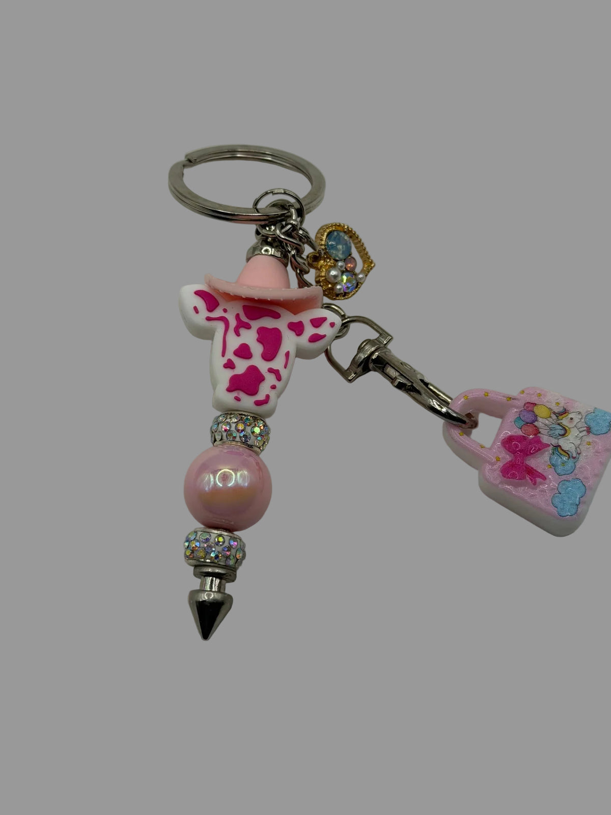 Pink Cowboy Cow Beaded Pen Keychain