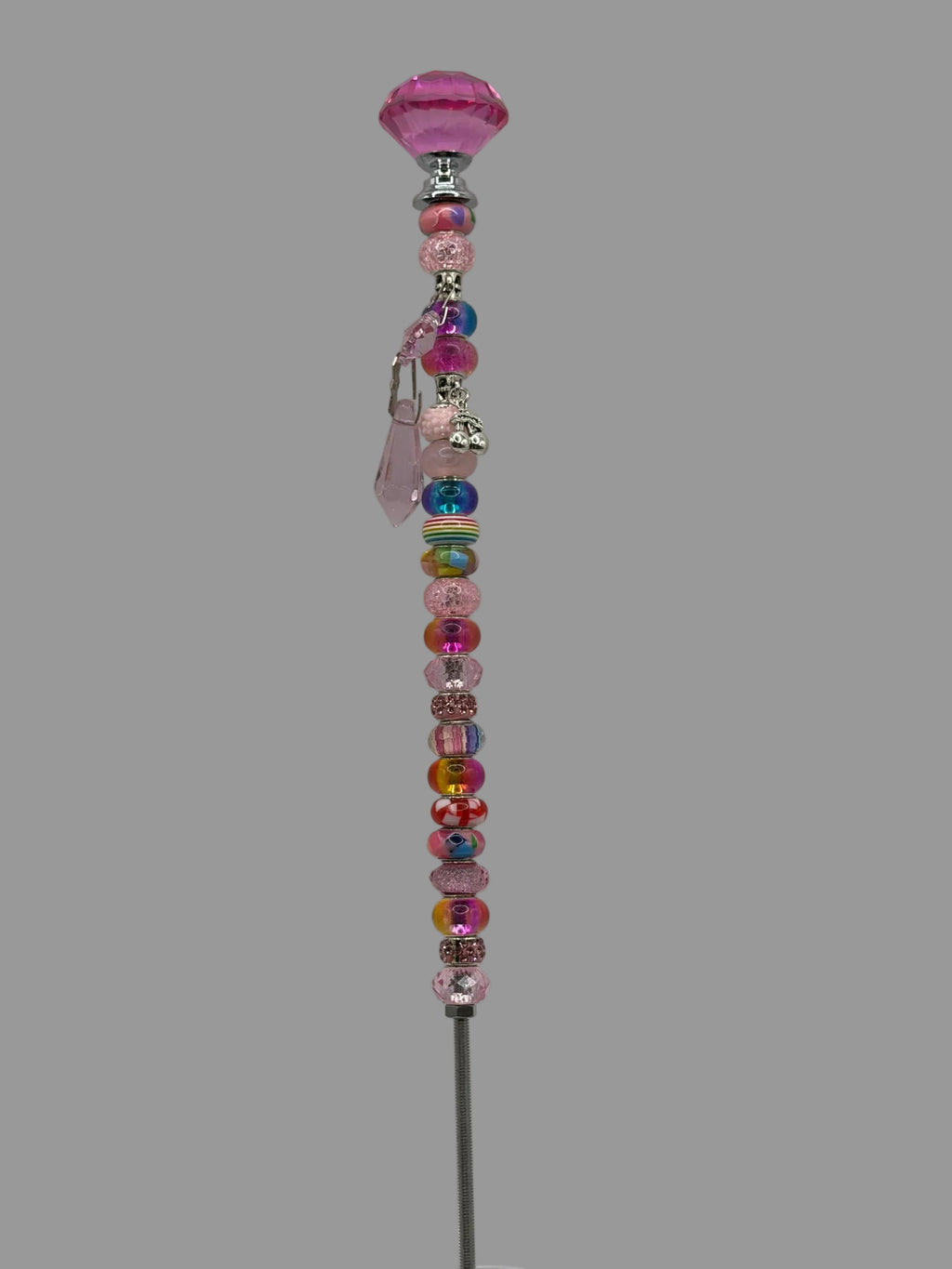 Handmade pink beaded garden wand stake with faceted pink diamond jewel topper, silver cherry charm and pink crystal drop