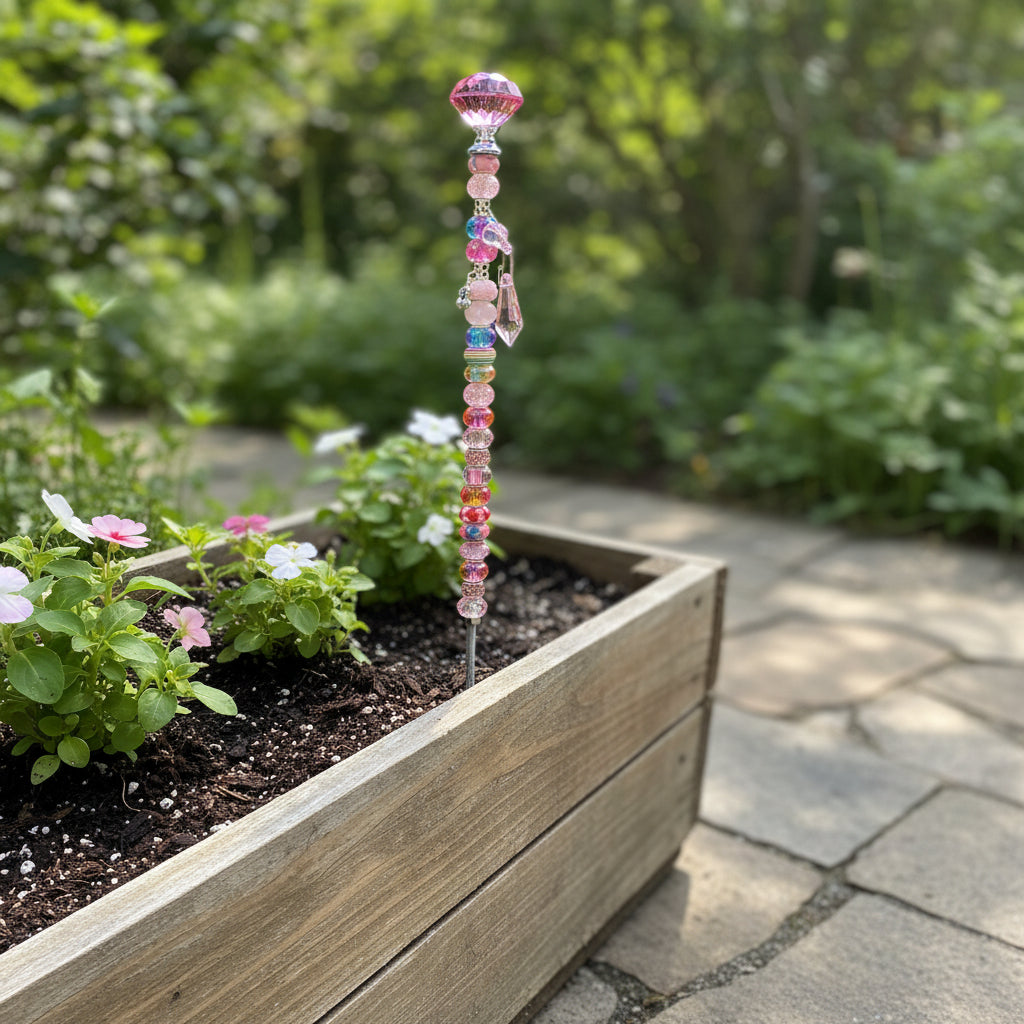 Handmade Pink Beaded Garden Wand Stake with Jewel & Cherry Charm