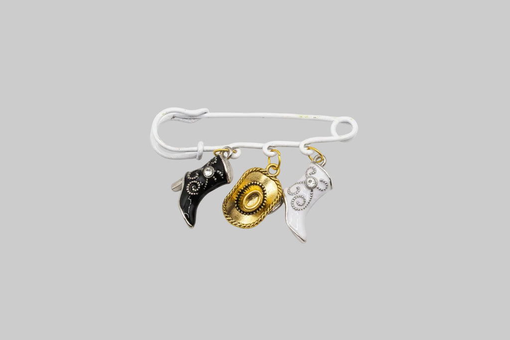 Handmade cowboy boot and hat charm pins on a white safety pin — Western style pins by Beads, Bling and Babes