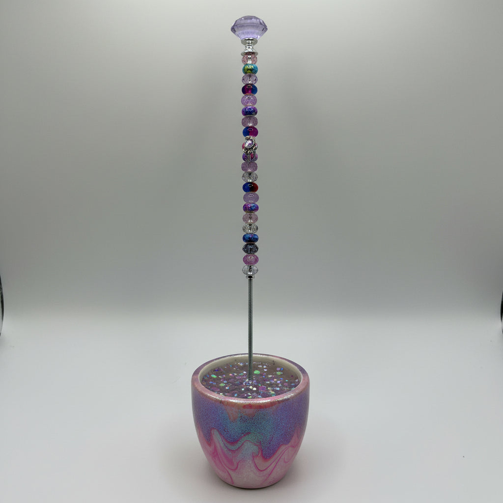 Purple beaded garden wand stake with lavender amethyst jewel topper