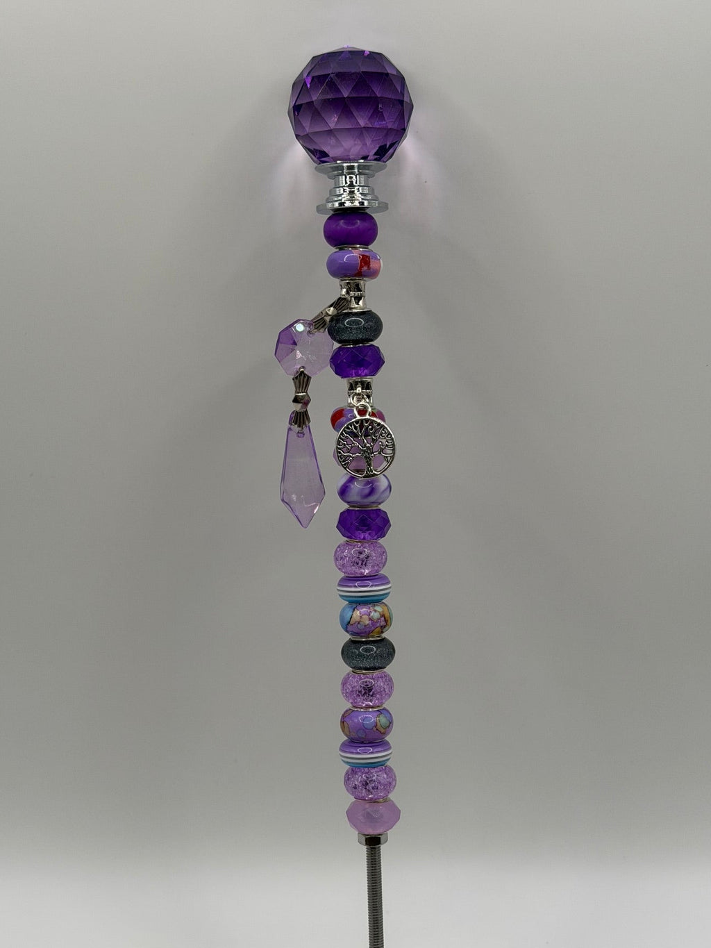 Purple beaded garden wand stake with deep amethyst ball topper and silver Tree of Life charm with crystal teardrop