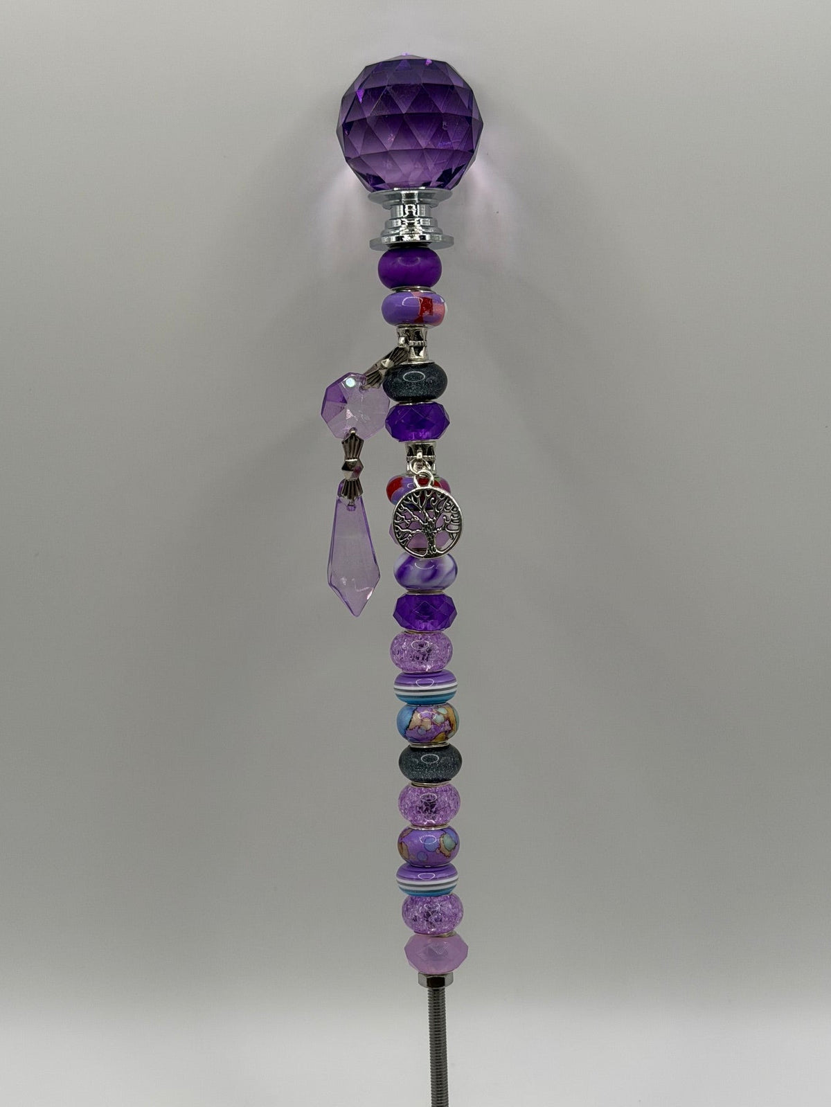 Purple beaded garden wand stake with deep amethyst ball topper and silver Tree of Life charm with crystal teardrop