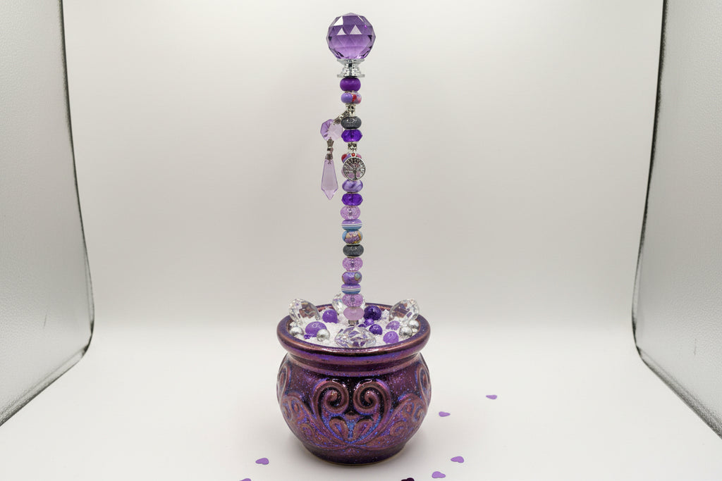 Purple Beaded Garden Wand Stake with Amethyst Ball Topper & Tree of Life Charm