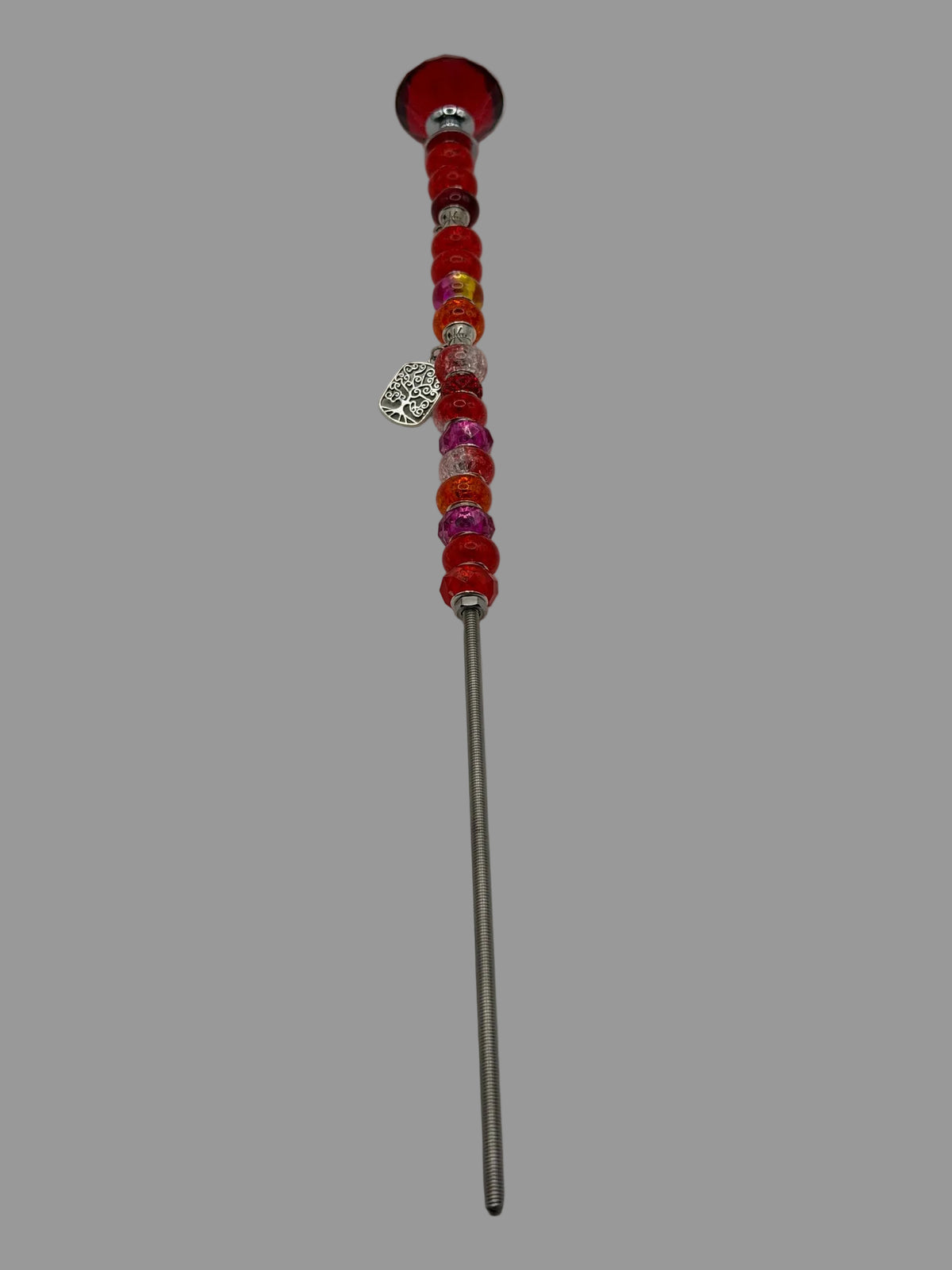 Red beaded garden wand stake with red glass topper and silver Tree of Life charm