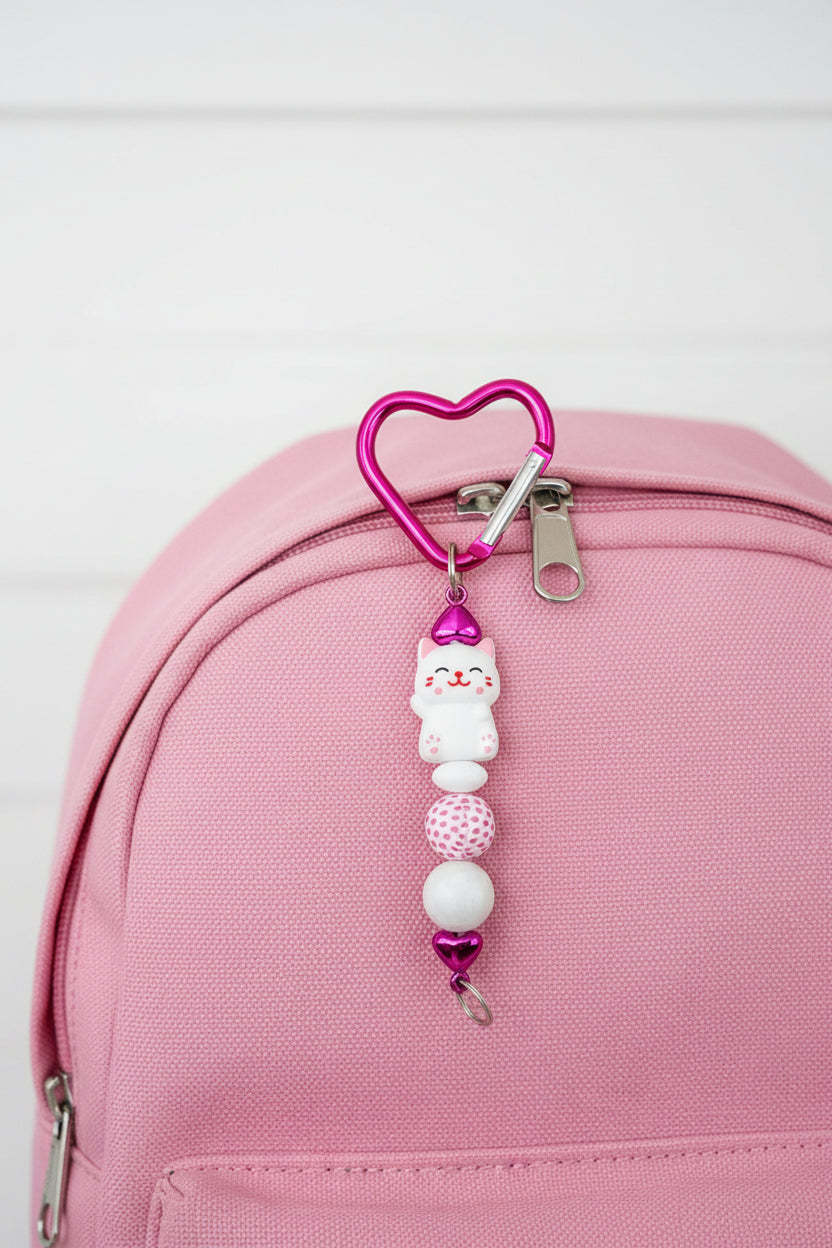 Lucky cat beaded heart keychain with pink polka dot bead and hot pink heart carabiner