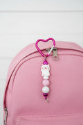 Lucky cat beaded heart keychain with pink polka dot bead and hot pink heart carabiner