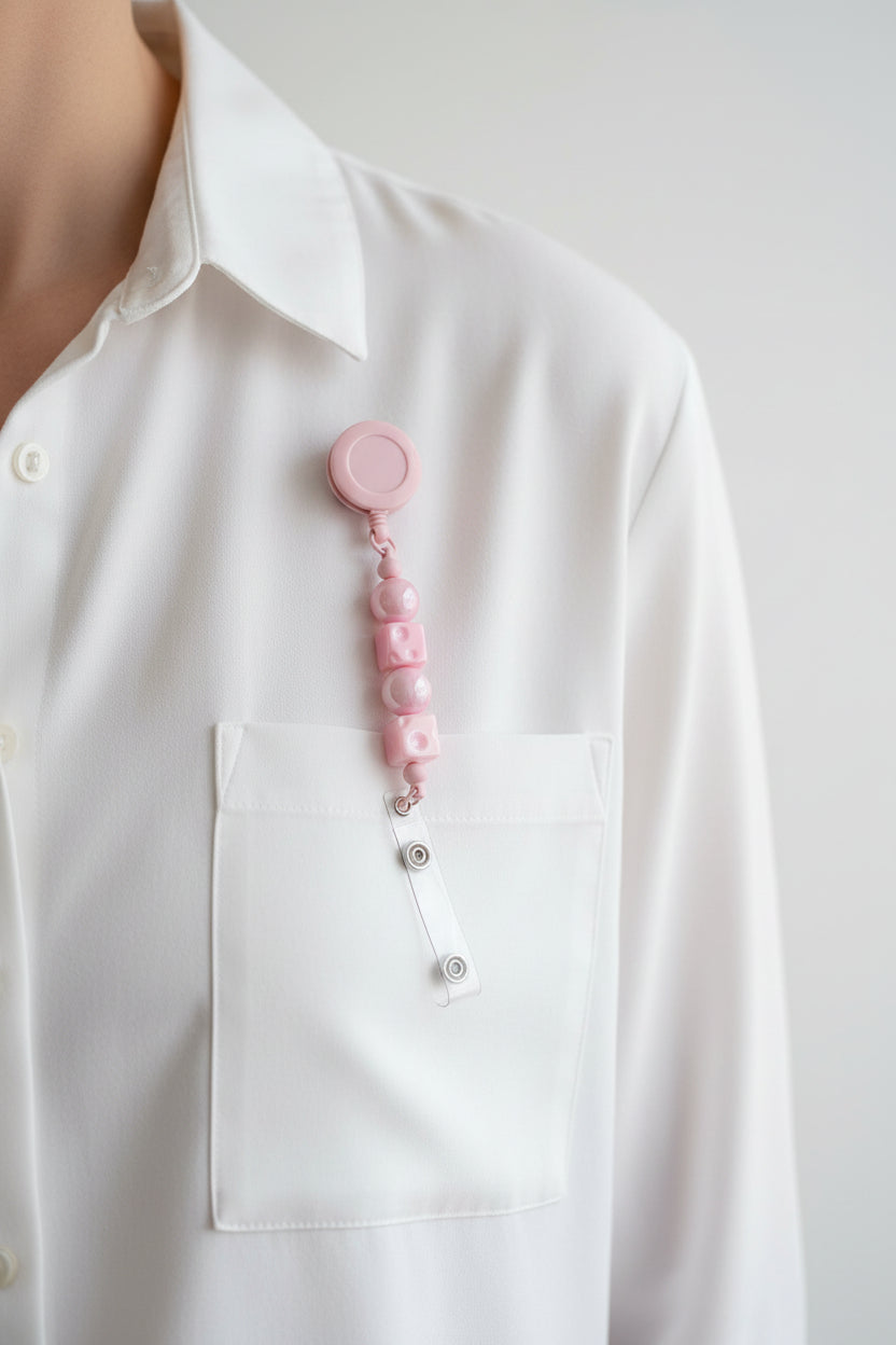 Soft pink beaded badge reel lanyard with round and square pink beads