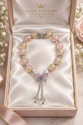 Blush Pink & Cream Stretch Bracelet with Butterfly & Crystal Drop Charms