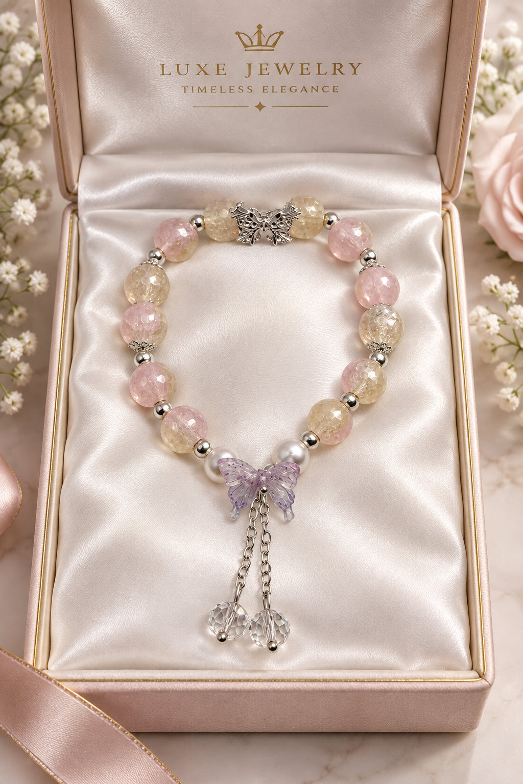 Blush Pink & Cream Stretch Bracelet with Butterfly & Crystal Drop Charms