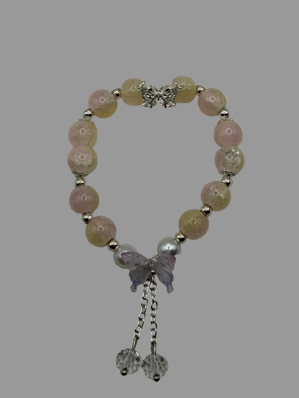 Blush Pink & Cream Stretch Bracelet with Butterfly & Crystal Drop Charms