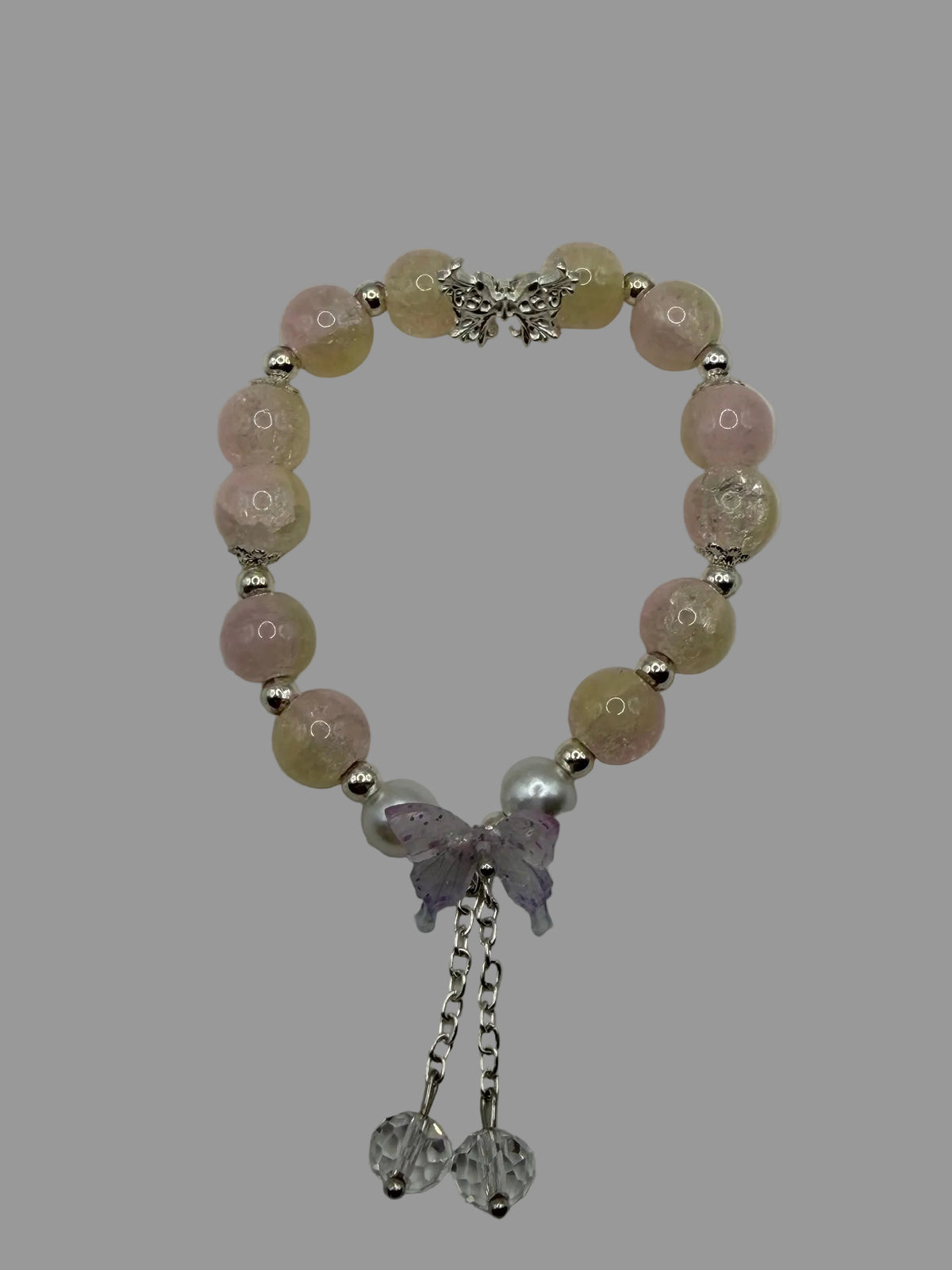 Blush Pink & Cream Stretch Bracelet with Butterfly & Crystal Drop Charms
