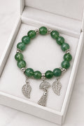 Jade Green Stretch Bracelet with Filigree Leaf, Fan & Tassel Charms