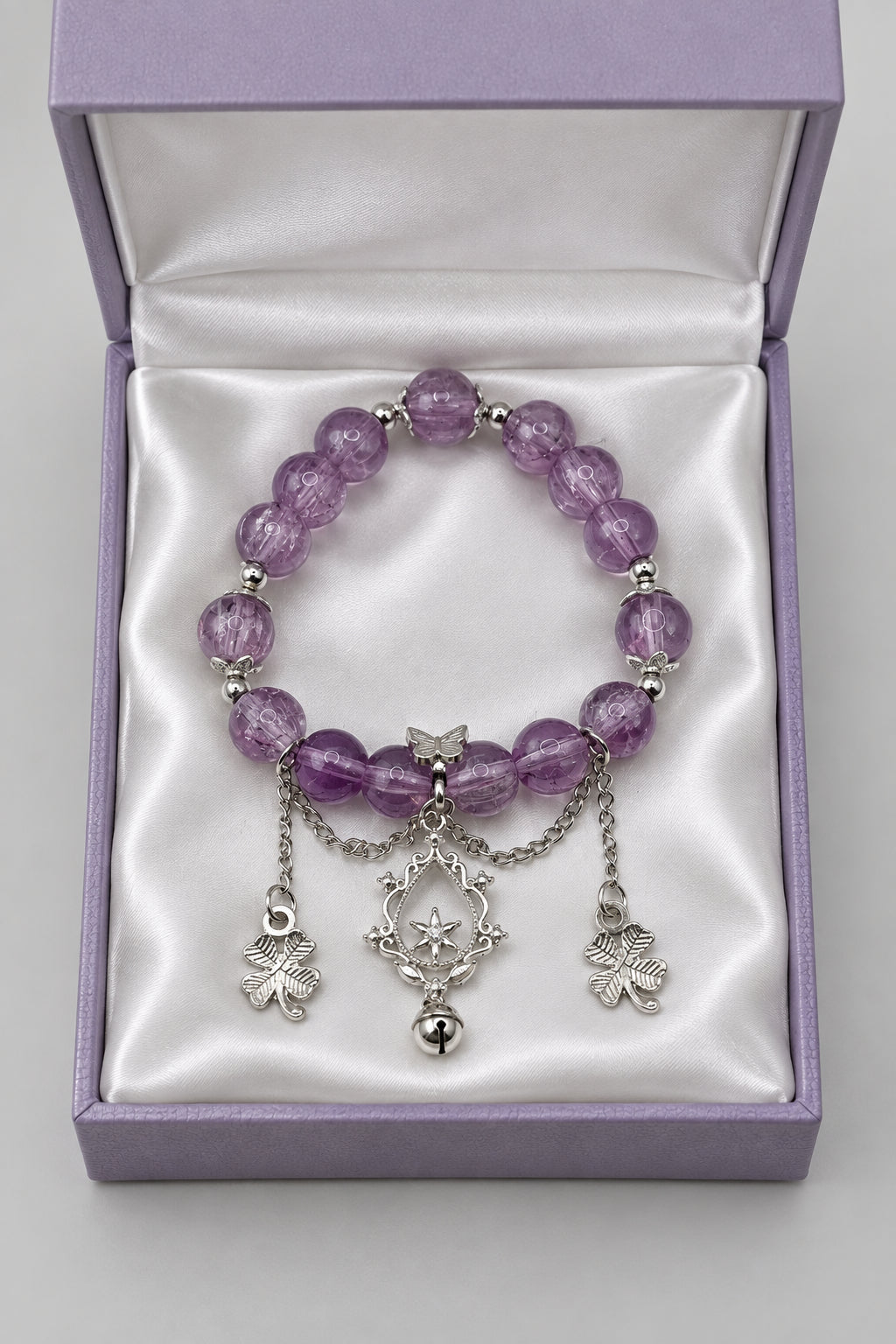 Purple Amethyst Stretch Bracelet with Star Medallion & Four-Leaf Clover Charms