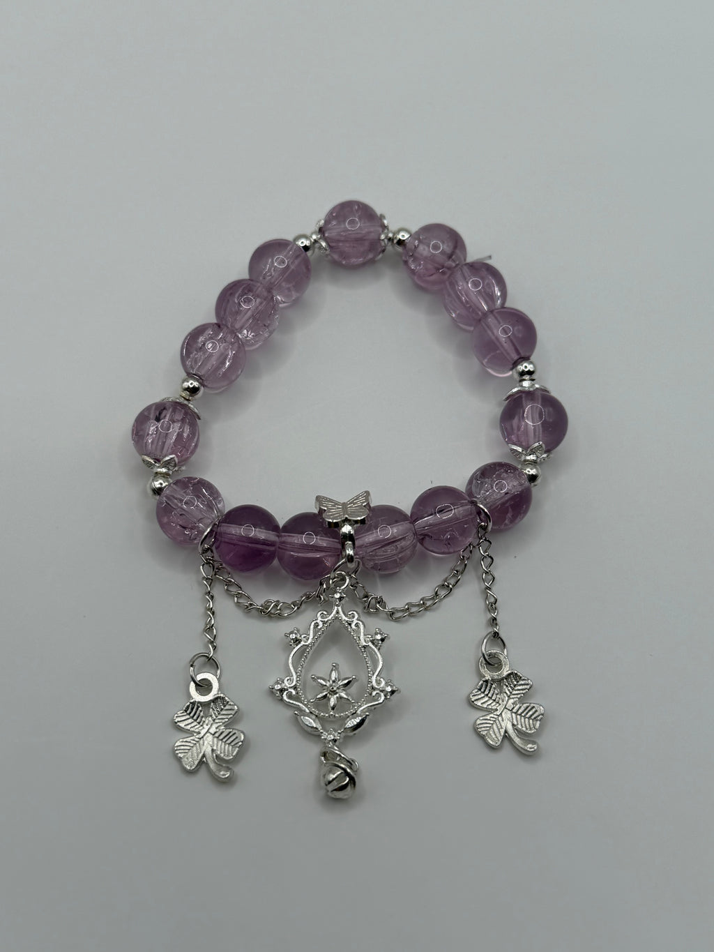 Purple Amethyst Stretch Bracelet with Star Medallion & Four-Leaf Clover Charms