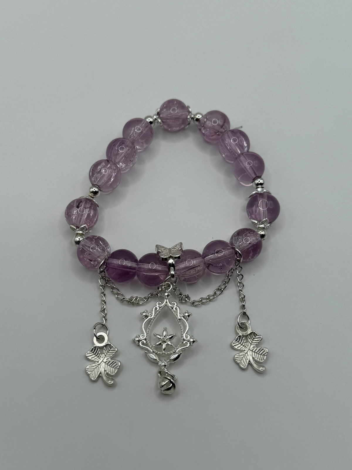 Purple Amethyst Stretch Bracelet with Star Medallion & Four-Leaf Clover Charms