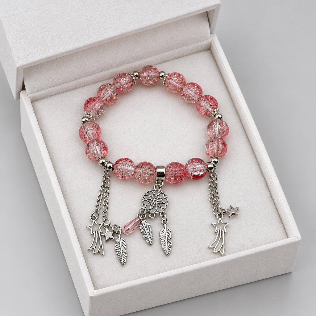 Pink Crackle Glass Stretch Bracelet with Dreamcatcher & Shooting Star Charms
