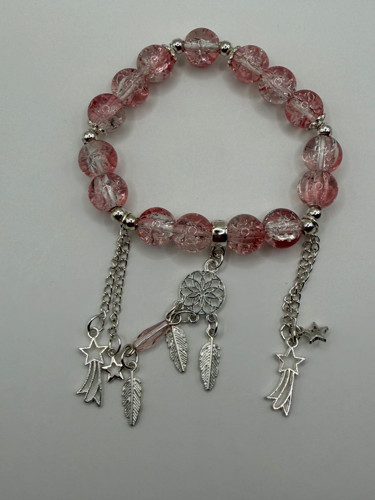 Pink Crackle Glass Stretch Bracelet with Dreamcatcher & Shooting Star Charms