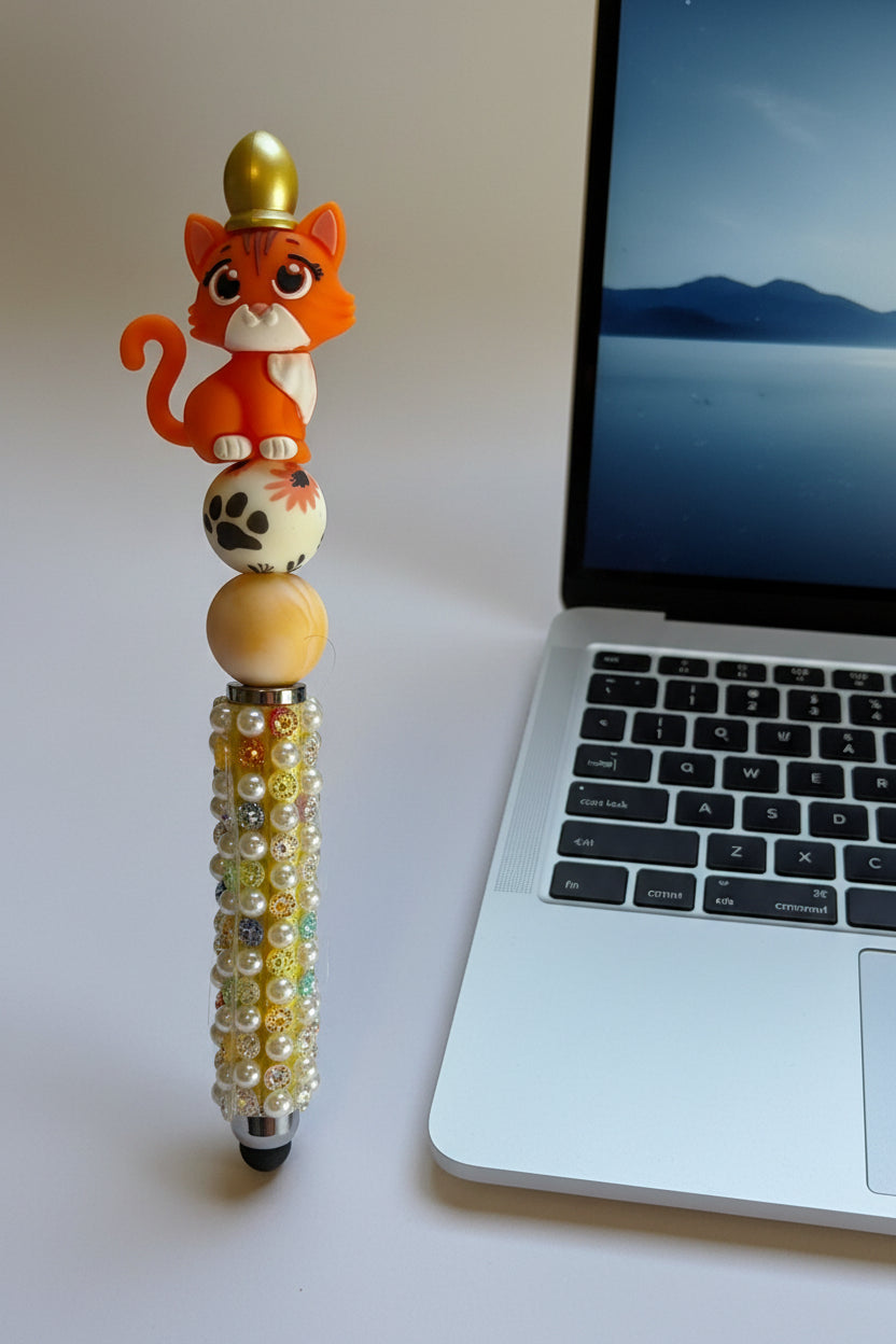 Orange tabby cat beaded stylus with paw print bead and pearl gold rhinestone encrusted handle