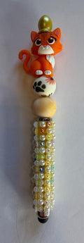 Orange tabby cat beaded stylus with paw print bead and pearl gold rhinestone encrusted handle