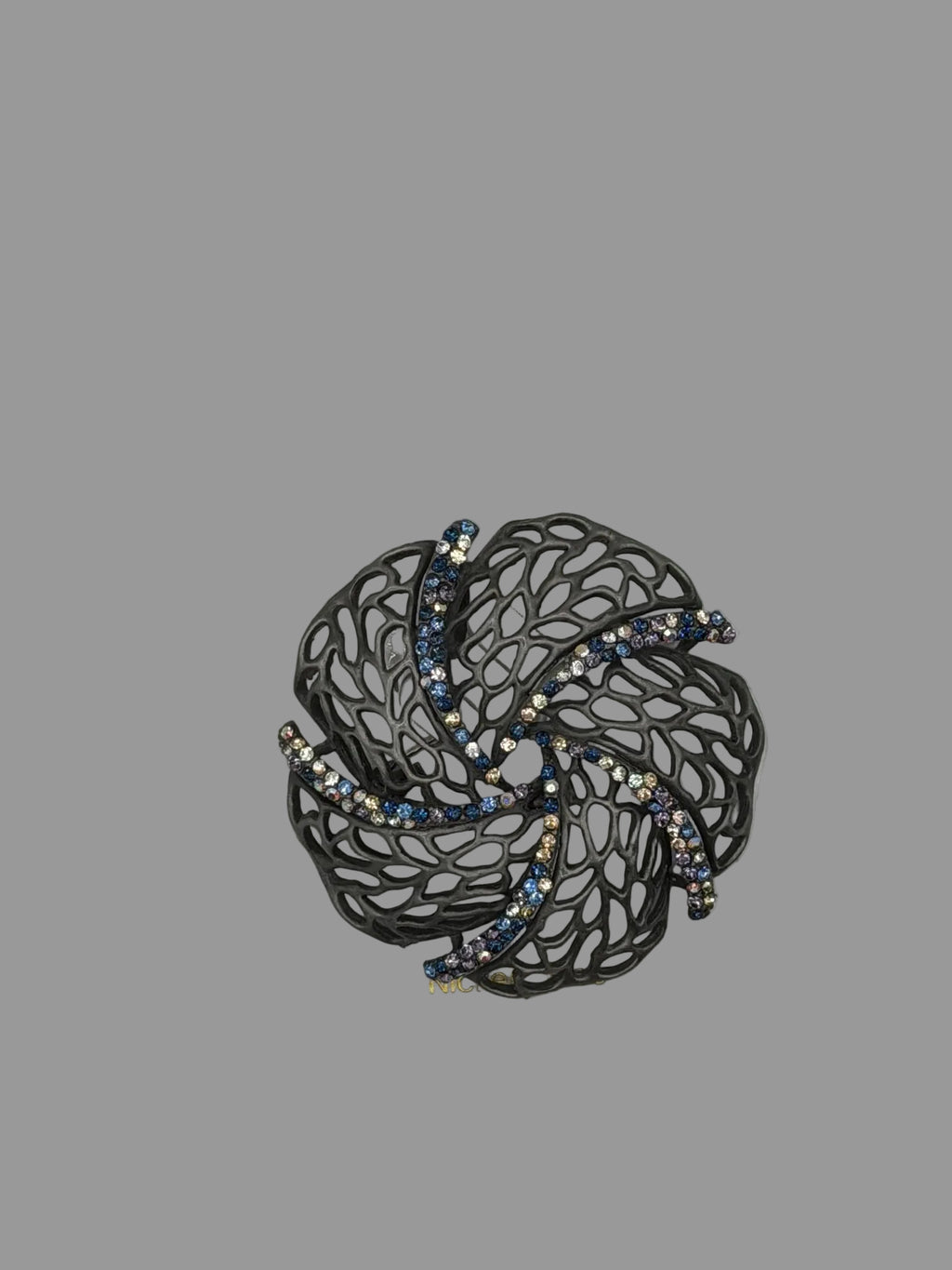 Oxidized Gunmetal Swirl Brooch with Rhinestones