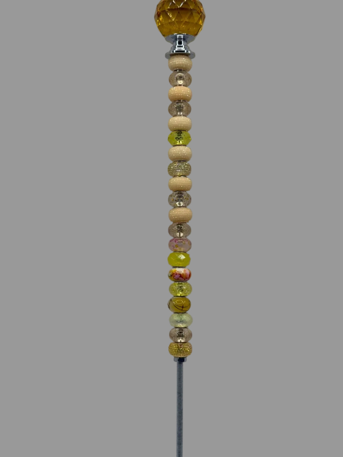 Yellow beaded garden wand stake with amber faceted jewel topper and cream and gold beads