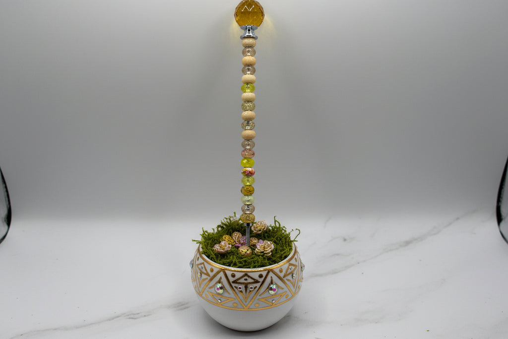 Yellow Beaded Garden Wand Stake with Amber Jewel Topper