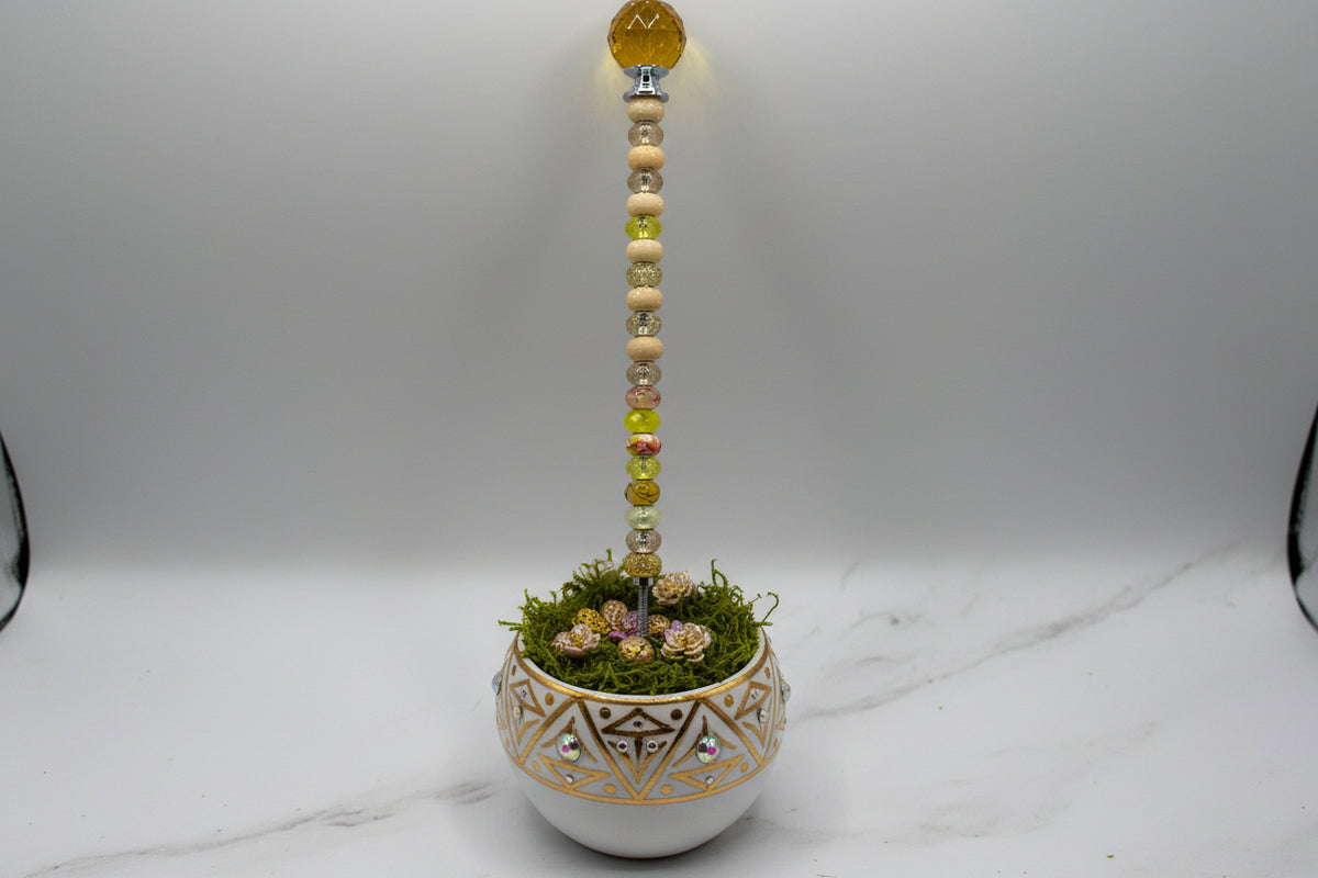 Yellow Beaded Garden Wand Stake with Amber Jewel Topper