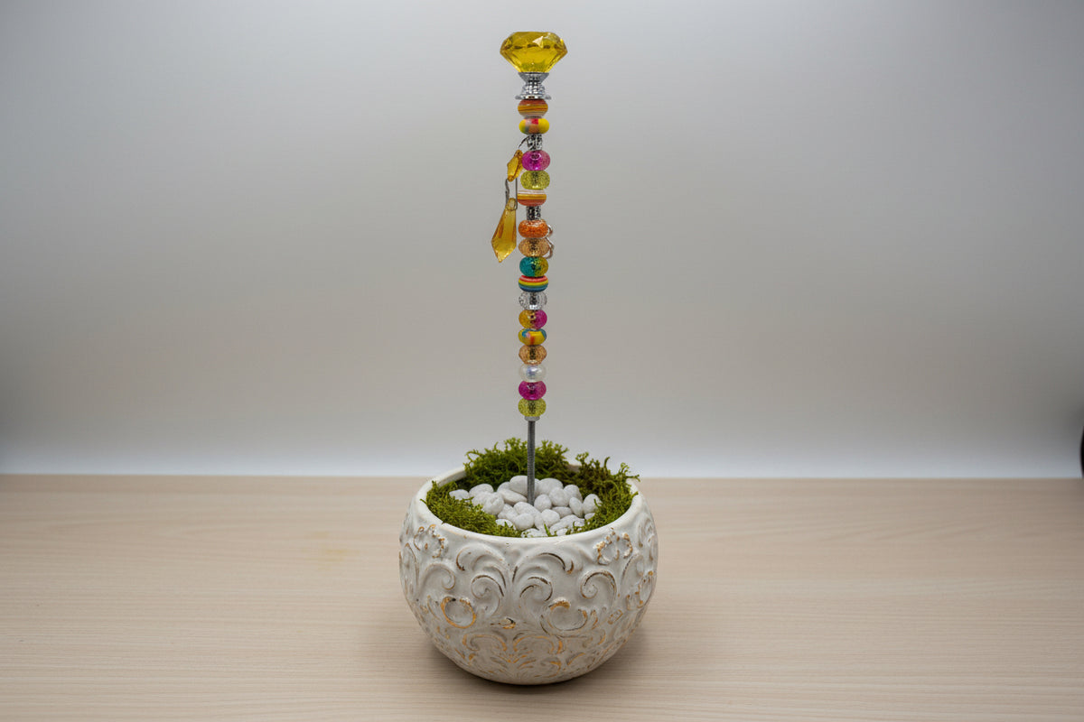 Yellow Beaded Garden Wand Stake with Yellow Dome Topper & Bear Charm